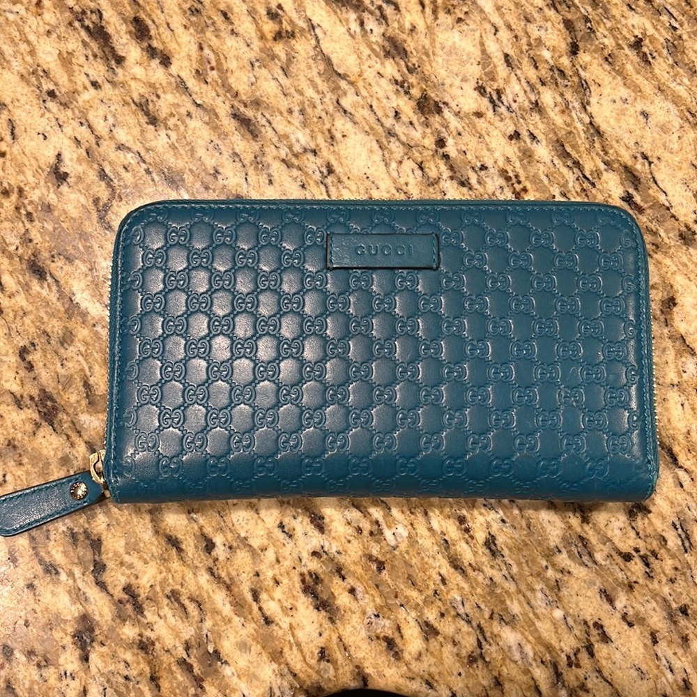 Gucci Guccissima Zip Around Teal Wallet